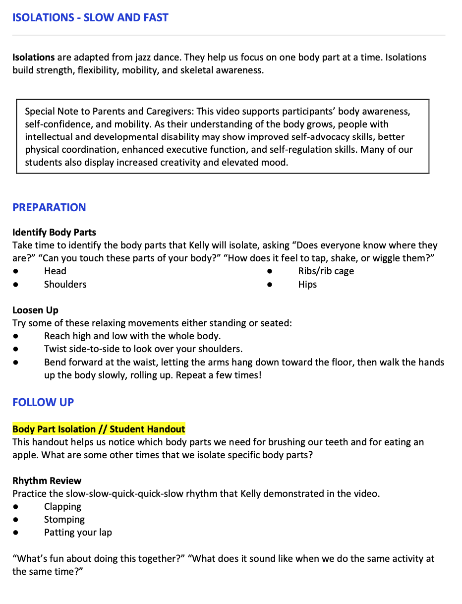 Isolations Slow and Fast Teacher Info Sheet