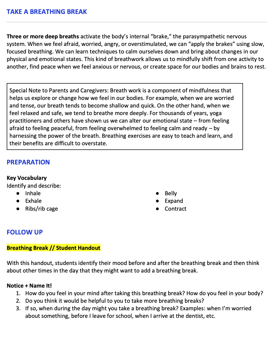 Take a Breathing Break Teacher Info Sheet